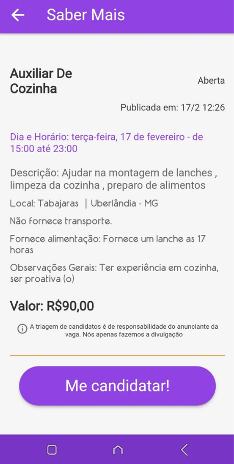 Tela do JobHunter mostrando vaga de Auxiliar de Cozinha por R$90